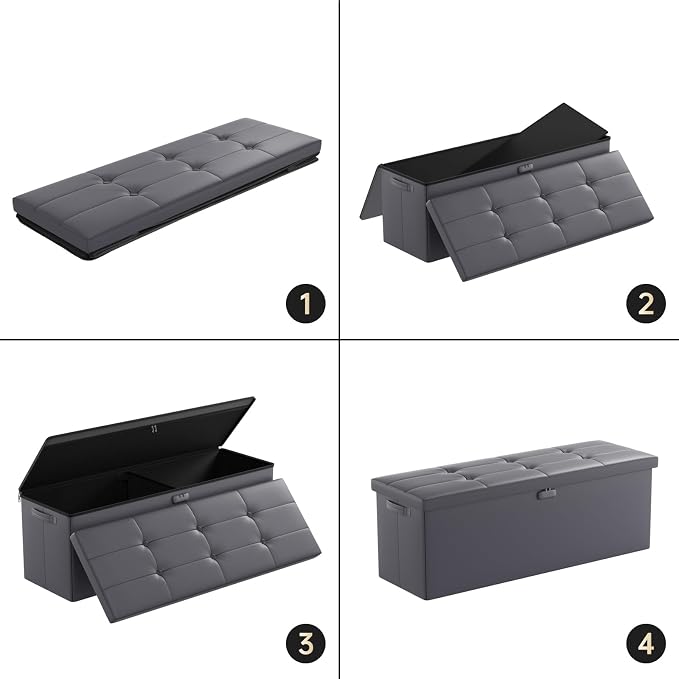 DocSafe Storage Ottoman Bench, Fireproof＆Waterproof Folding Bench with Lock(15”x 43”x15”), Leather Storage Chest with Handles＆2 Extra Boxes, Ottoman Safe for Bedroom,Living Room,Home Office, Gray