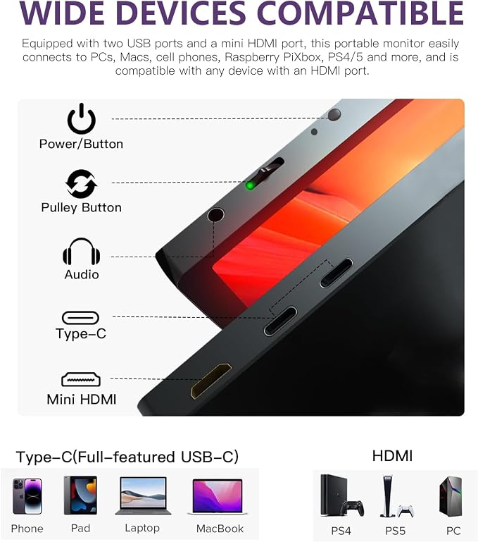 16 Inch 120Hz Portable Gaming Monitor, 100% sRGB 2.5K QHD 400nits Portable Monitor with HDR, Ultra Slim, Eye Care, External Second Screen for Laptop/PC/PS5/Mac/Xbox
