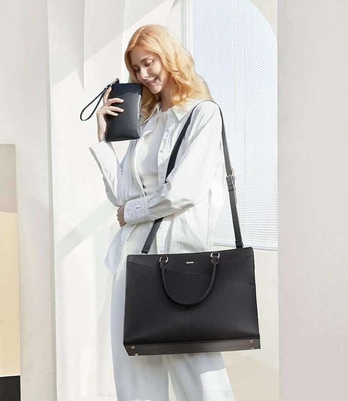 LOVEVOOK Laptop Tote Bag for Women, Leather Business Office Work Bag Computer Briefcase with Small Clutch fit for 17.3 Inch Laptop,Black