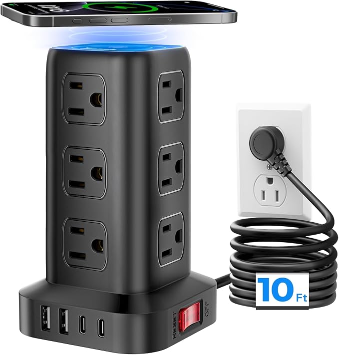 Tower Surge Protector Power Strip with 12 Outlets 4 USB (1 USB C), 10Feet Extension Cord with Multiple Outlets, Charging Station, Power Strip Tower, Office Desk Supplies