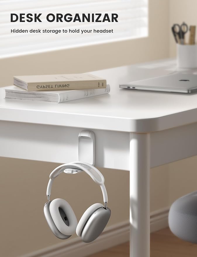 Lamicall Headphone Stand, Sticky Headset Holder - Foldable Headphone Holder Hook Mount, Adhesive Headset Hanger Clip Under Desk, Earphone Clamp for Airpods Max, HyperX, Sennheiser, White