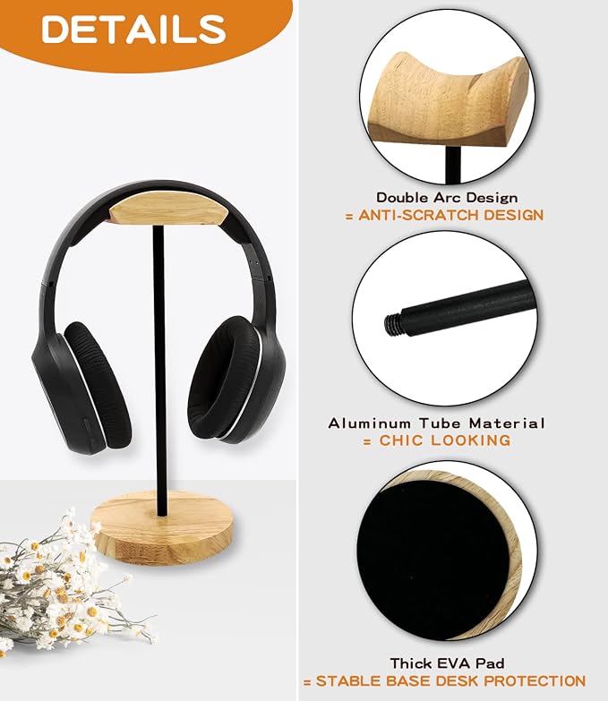 Headphone Stand Nature Wood & Metal Headset Hanger Mount Hook Gaming Holder Desktop Earphone Artful Functional Craftmanship Stand for All Headsets with Solid Wooden Base