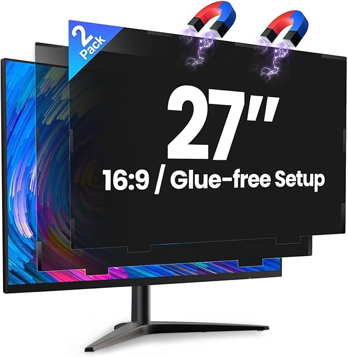 2 Pack 27 Inch Magnetic Computer Privacy Screen for Monitor 16:9 Aspect Ratio, Anti Blue Light Computer Screen Privacy Shield, Removable Anti Glare Screen Protector for Dell HP Lenovo ASUS LG Acer Samsung Monitors