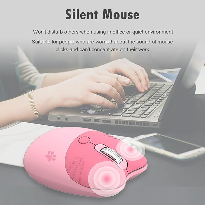 Lomiluskr Cute Cat Wireless Mouse, Lightweight Soundless Mice, 2.4G Wireless Mice, Candy Colors, Kawaii Mouse for Girls and Kids (Pink)