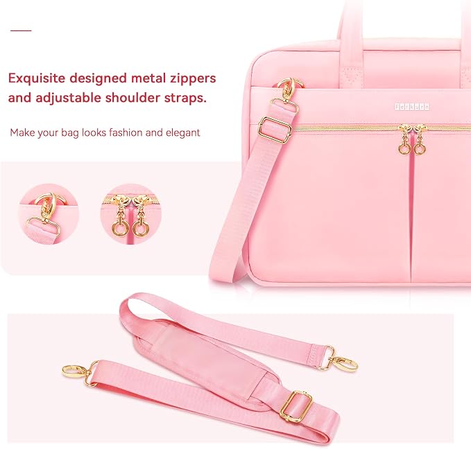 Ferkurn Laptop Bag Case Women Men Computer Bag Compatible with MacBook/HP/LG/Dell, Shoulder Strap Slim Carrying Messenger Briefcase, Pink, 14 Inch