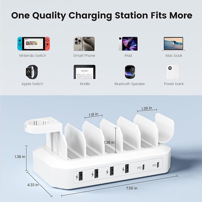 95W Fast Charging Station for Multiple Devices【UL & FCC Tested Safer Charging】 6-Port USB Charging Dock with 2 PD-Port, Compatible with iPhone/Android/MacBook/iPad/Tablet/Kindle(8 Cables Included)