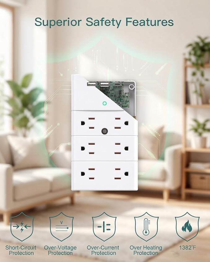Addtam Multi Plug Wall Outlet, Surge Protector Wall Mount with 12 Outlet Extender 4 Sides and 3 USB Ports (PD 20W), Outlet Splitter Power Strip for Home Office Dorm Room Essentials, White