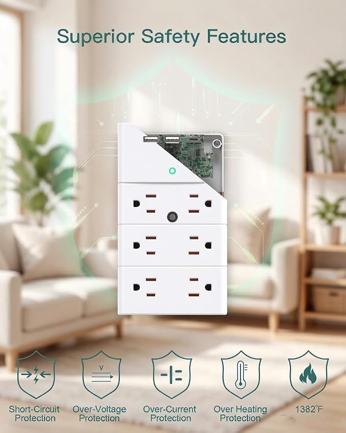 Addtam Multi Plug Wall Outlet, Surge Protector Wall Mount with 12 Outlet Extender 4 Sides and 3 USB Ports (2 USB-C), Outlet Splitter Power Strip for Home Office Dorm Room Essentials, White