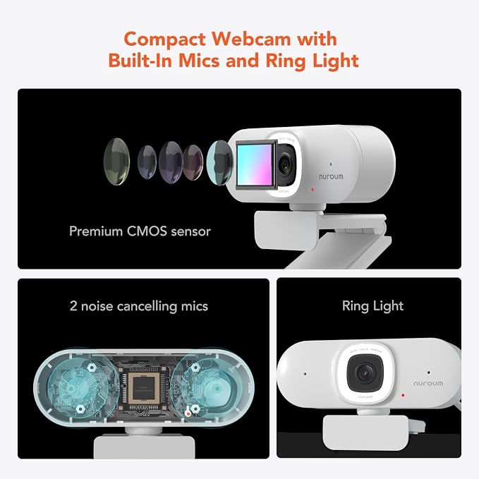 Nuroum V15AFL 2K Webcam with Ring Light for Streaming, Autofocus Webcam for PC w/Noise Cancelling Dual Mics, 1080P 60fps, 75° FOV&Lightweight, USB Web Camera Plug&Play for Zoom/Teams/OBS/Xsplit, white