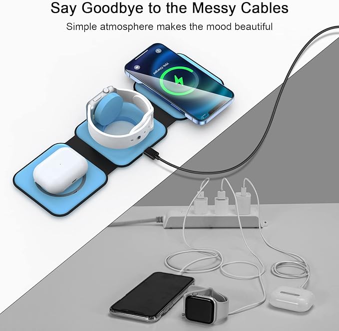 Wireless Charger 3 in 1,RTOPS Travel Charging Station Wireless Devices, Compatible for iPhone17/16/15/14/13/Pro/Max, iWatch, AirPods4/3/2/Pro (Adapter Includes), 3 in 1 Charging Station