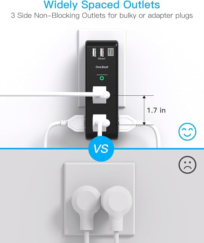 PD20W Surge Protector Outlet Extender - Rotating Plug, One Beat 6 AC Multi Plug Outlet with 3 USB Ports (1 USB C), 1800J Wall Charger, 3-Sided Power Adapter with Spaced Outlet Splitter for Home Office