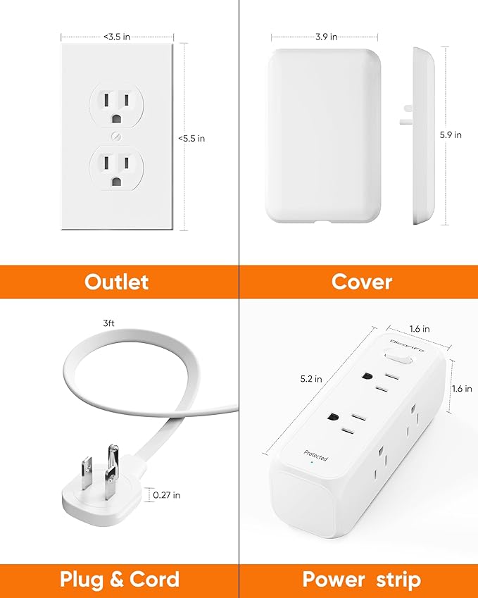 Olcorife Flat Outlet Extender with Cover, Flat Plug Power Strip with 6 AC Outlets, 2000 Joules Surge Protector, 3FT Flat Extension Cord, Home Office Travel Dorm Room Essentials