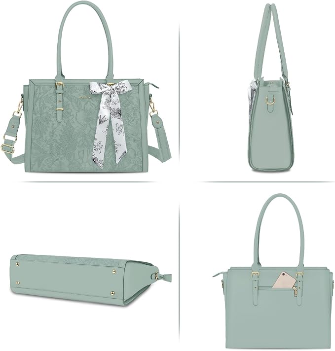 MOSISO Laptop Bag for Women, 15.6-16 inch PU Leather Tote Bag Compatible with MacBook, HP, Dell, Asus Notebook, Front Embossed Retro Hibiscus Computer Bags with Silk Scarf&Clutch Purse, Antique Green
