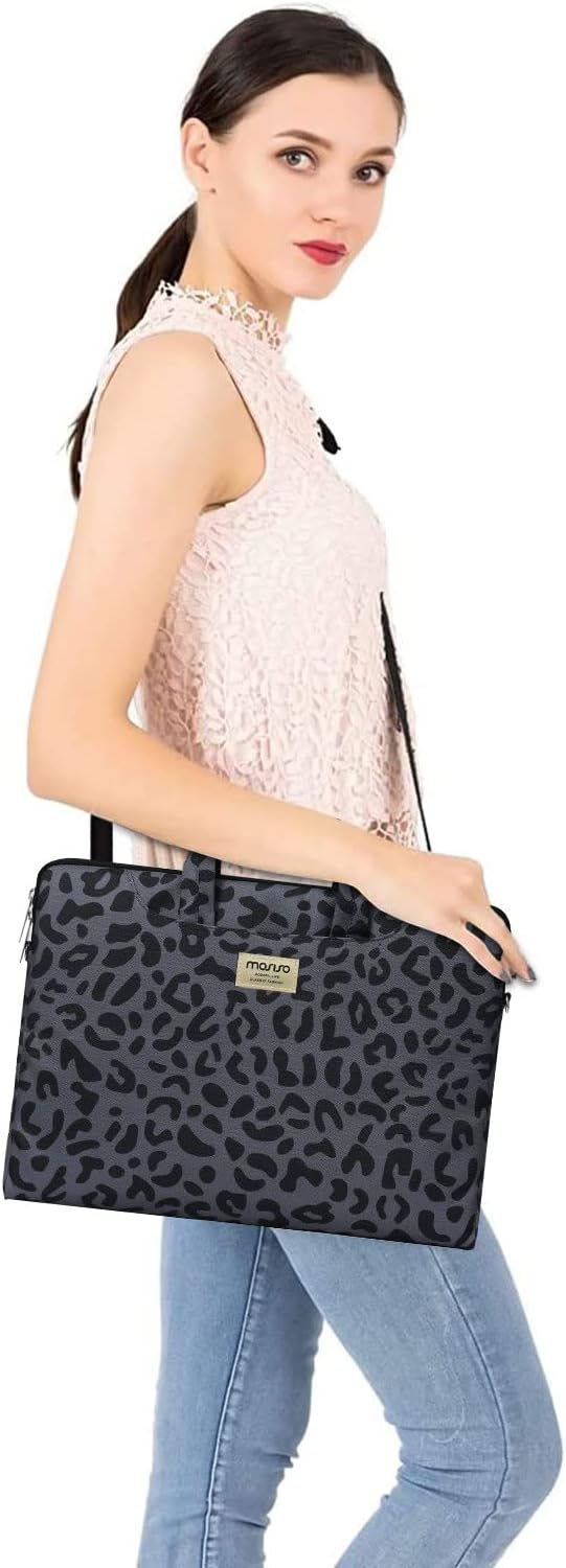 MOSISO Laptop Shoulder Bag, 13 inch Computer Bags Compatible with MacBook Air M4 M3 M2 M1 2025-2018 / Pro 13 2025-2016, Leopard Grain Briefcase Sleeve with Belt