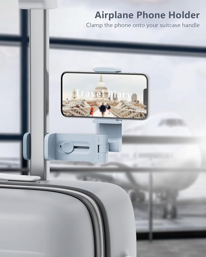 MiiKARE Travel Essentials Airplane Phone Holder, Universal Handsfree Phone Mount for Flying with 360 Degree Rotation, Travel Must Haves Phone Stand for Desk, Tray Table, Blue