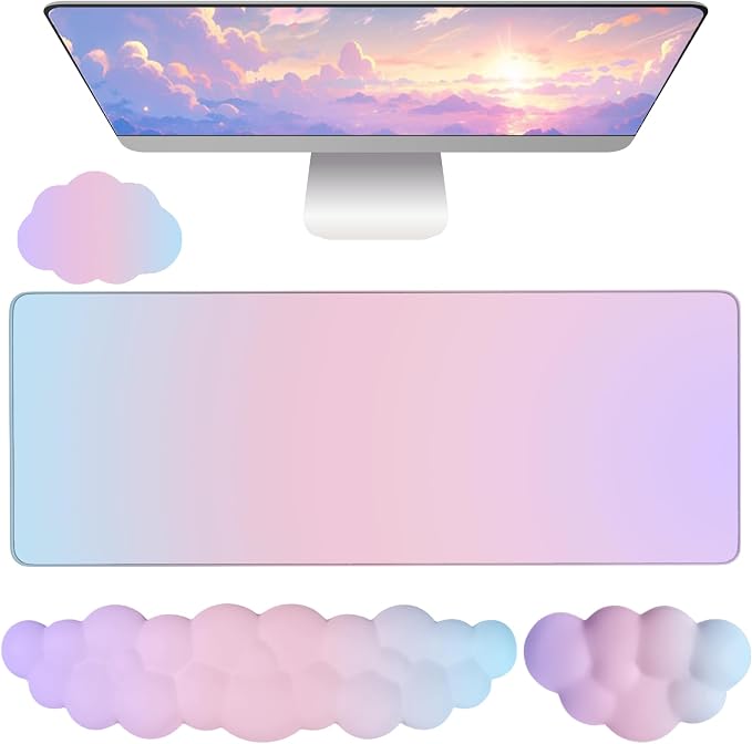 Cloud Mouse Pad Keyboard Wrist Rest 4PCS Extended Large Pink Sky Desk Mat Pad Set Memory Foam Non-Slip Cute Ergonomic Gaming Mouse Pad Wrist Support for Computer Laptop Home Office Pink Purple