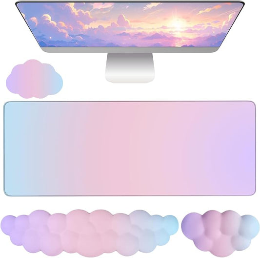 Cloud Mouse Pad Keyboard Wrist Rest 4PCS Extended Large Pink Sky Desk Mat Pad Set Memory Foam Non-Slip Cute Ergonomic Gaming Mouse Pad Wrist Support for Computer Laptop Home Office Pink Purple