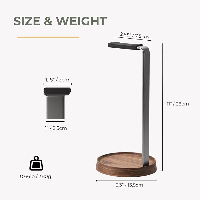 muso wood Walnut Headphone Stand, Universal Headset Stand with Storage Base, Wood Desktop Headphone Holder for Gaming Headset and Music Headset