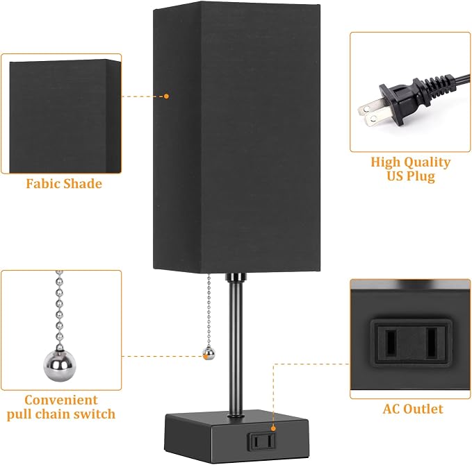 Table Lamp for Bedroom set of 2,3-Color Bedside Lamps with Pull Chain Table Lamps for Nightstand with AC Outlets, Night Light Lamps with 2 Bulbs Lamps for Living Room Kids Office Decor（Black）