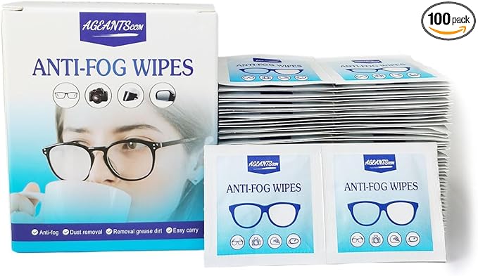 Anti-Fog Wipes for Glasses – Eye Glasses Cleaner Wipes, 100 Pack, Individually Wrapped, Pre-Moistened, Quick-Dry, Scratch-Free for Goggles, Camera, Watch, Lens, Laptop, Phone Screens
