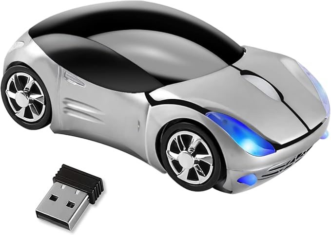 HuGuWdy Silver Car Mouse，2.4G with USB Reciver 1600DPI Computer Mice Wireless for Computer Wireless Computer Mouse for Laptop Tablet for Windows Mac OS（Silver）