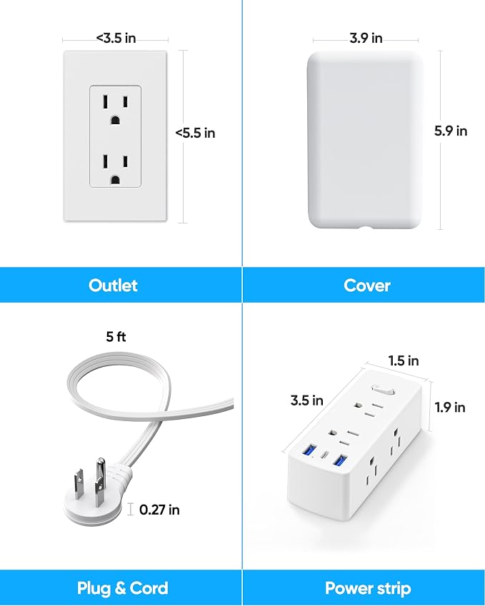 Olcorife Flat Extension Cord with Outlet Cover, Flat Plug Power Strip with 6 Outlets and 3 USB Ports, 2000 Joules Surge Protector, 5 FT Cord Hidden Outlet Extender for Tight Spaces (Pack of 2)