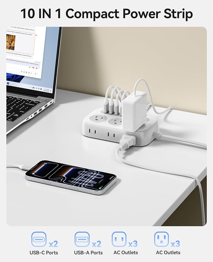 ORICO Surge Protector Power Strip, PD20W Multiple Outlets Extension Cord with 6 AC Outlets and 4 USB Charging Ports (2 USB-C), 45° Flat Plug, 10 Ft Mountable Outlet Extender for Home/Office/Dorm - OG