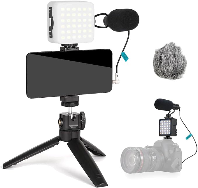 Vlogging Kit Phone Video Kit Accessories: Phone Tripod, Phone Mount, LED Light and Cellphone Shotgun Microphone for Phone Video Recording Video Conferencing, Zoom Calls, Live Streaming, Vlog