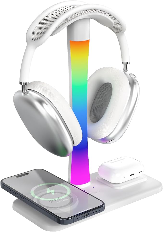 Headphone Stand with Wireless Charger,Gaming Headset Stand with RGB Light Mode,for iPhone17/16/15/14,Gifts for Gamers & Music Lover (White)