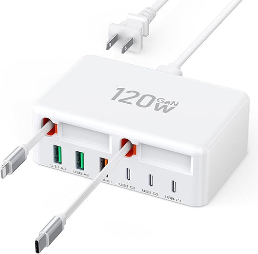 Upgraded 8-in-1 Retractable USB C Charger Block, 120W GaN Multi Charging Station Hub with Lightening & Type C Cable, Travel Essential USB C Power Strip Plug for iPhone 17 16 15 14 Pro Max iPad Galaxy