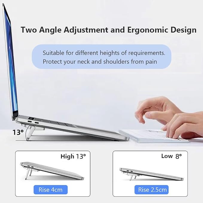 2PCS Metal Mini Foldable Laptop Stand, Portable Computer Keyboard Riser with 2 Adjustable Angles, Self-Adhesive Invisible Notebook Stand and Keyboard Lift for Desk (Silver)