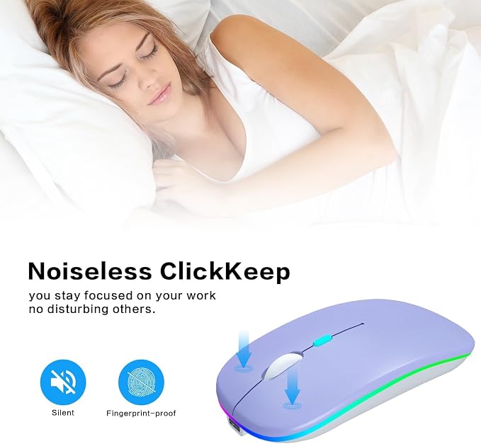 AIKOKOK Wireless Bluetooth Mouse, Rechargeable, Dual Mode Bluetooth 5.2 & 2.4G USB, LED Lights, Slim, Silent, Portable Computer Mouse for Laptop, PC, MacBook, iPad, Tablet (Purple)