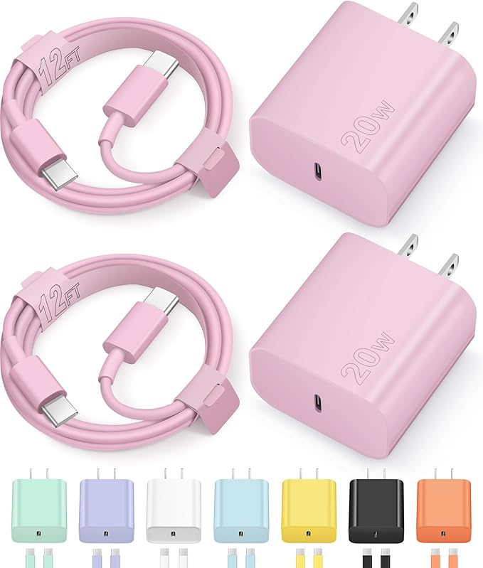 12FT iPhone 17 16 15 Charger Fast Charging USB C Charger Block Type C Chagrer Fast Charging 2-Pack for iPhone 17/17 Plus/17 Pro/17 Pro Max/iPhone 16/16 Plus/16 Pro/16 Pro Max/15 Pro Max/Samsung(Pink)