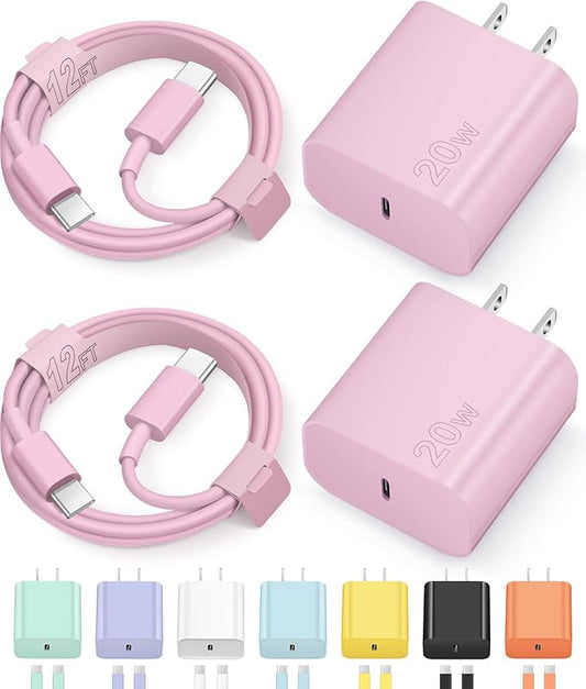12FT iPhone 17 16 15 Charger Fast Charging USB C Charger Block Type C Chagrer Fast Charging 2-Pack for iPhone 17/17 Plus/17 Pro/17 Pro Max/iPhone 16/16 Plus/16 Pro/16 Pro Max/15 Pro Max/Samsung(Pink)