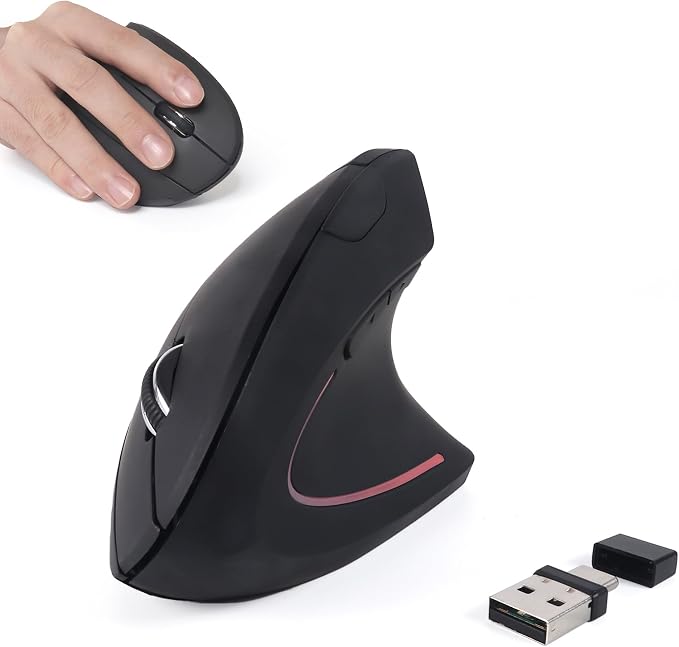 Ergonomic Mouse Wireless 2.4GHz Optical Right Hand Vertical Mouse with USB & Type-C Dual Port Receiver 6 Buttons Portable Silent USB Wireless Mice for PC Laptop Desktop Computer Mac Adult Gifts, Black