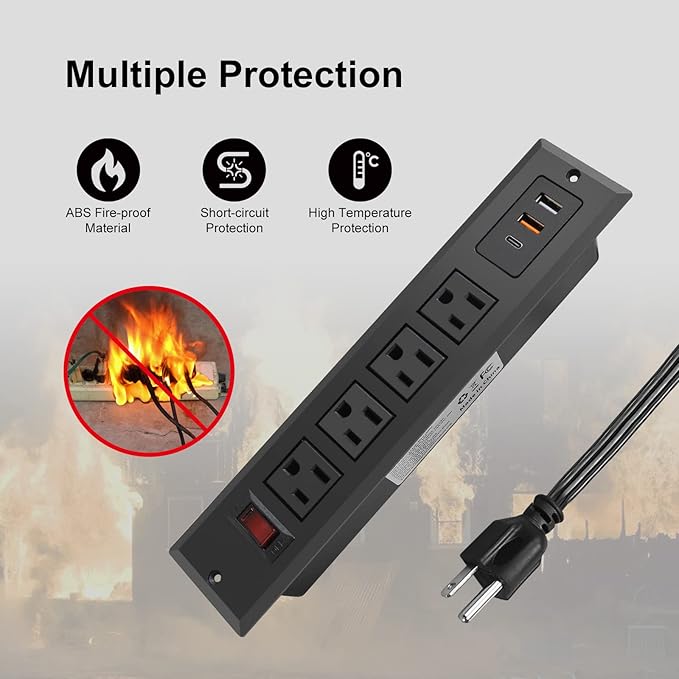 20W Mountable Power Strip USB C Recessed Power Strip USB-C Fast Charge 4 Outlet 3 USB Multiple Protection Built in Conference Desk Counter Workbench for PC Home Electric Appliance (USB C Black)