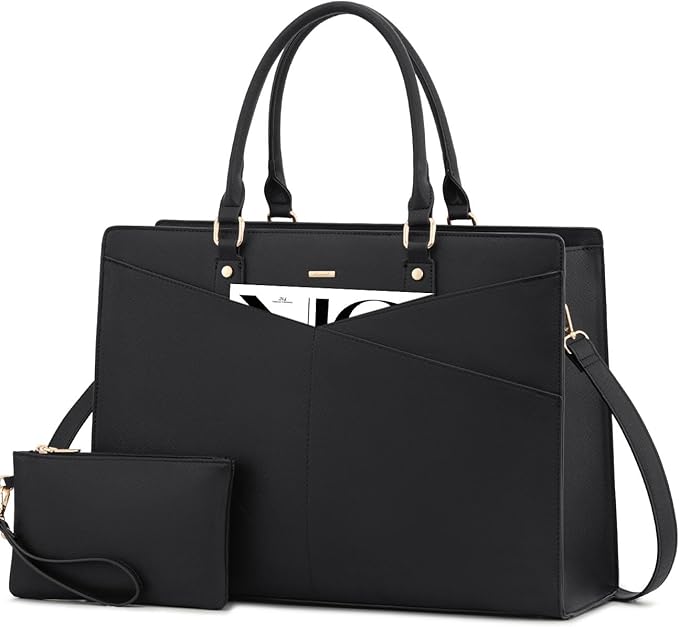 LOVEVOOK Laptop Tote Bag for Women, Leather Business Office Work Bag Computer Briefcase with Small Clutch fit for 17.3 Inch Laptop,Black