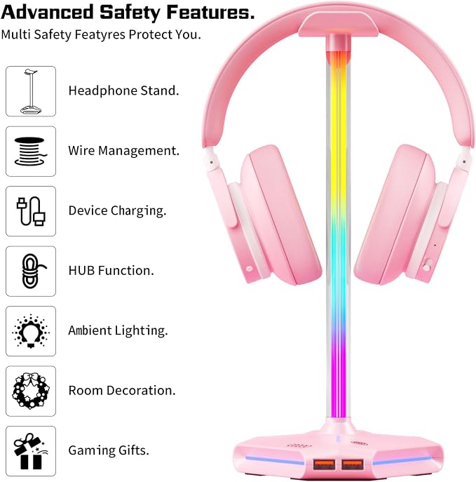 Pink RGB Headphone Stand with 2 USB Ports & Extension Cord, Gaming Headset Stand for Desktop Table, PC Gaming Accessories, Gifts for Girlfriend,Teen Boys Girls, Gaming Setup Organizer