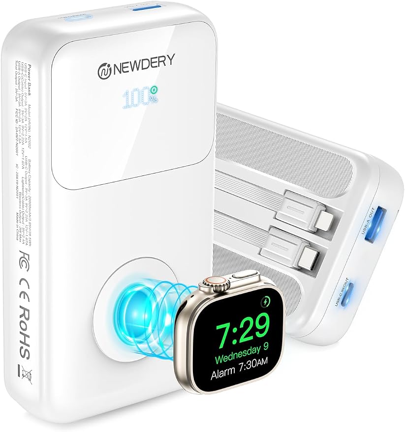 NEWDERY 5-in-1 Portable Charger 20000mAh Power Bank for Apple Watch/iPhone, PD 20W Fast Charging with LED Display, Built-in 2 Cables, Travel Battery Pack Compatible with iWatch, iPad, Samsung