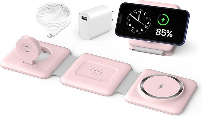 Charging Station for Apple Multiple Devices: 3 in 1 Foldable Magnetic Wireless Charger Stand - Travel Charging Dock Compatible with iPhone 17 16 15 14 13 12 Pro Max Plus Apple Watch AirPods