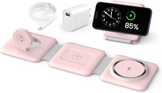 Charging Station for Apple Multiple Devices: 3 in 1 Foldable Magnetic Wireless Charger Stand - Travel Charging Dock Compatible with iPhone 17 16 15 14 13 12 Pro Max Plus Apple Watch AirPods