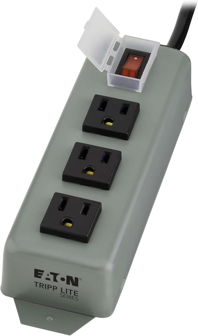 Eaton Tripp Lite Series 3-Outlet Heavy Duty Power Strip, Metal, Mountable (Wall Mount & Under Desk), 9ft Extension Cord, On/Off Switch Cover, Industrial Garage Shop Work Bench Applications (3SP9)