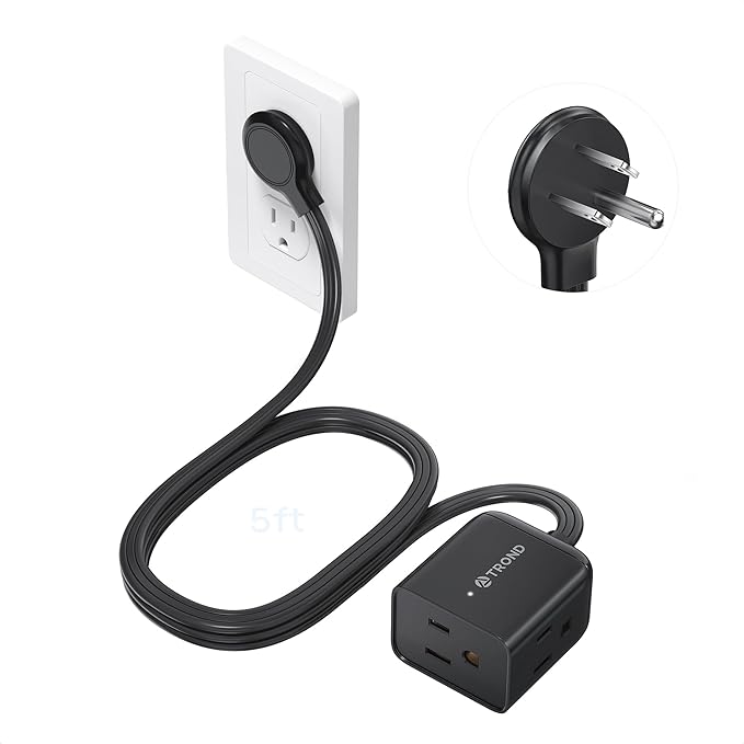 TROND Flat Plug Extension Cord 5 ft- Rightward Lower Profile Power Strip, No Blocking 3 Way Outlets, Three Prong, 1625W, Small for Tight Space Behind Furniture Indoor Home Office Cruise Travel, Black