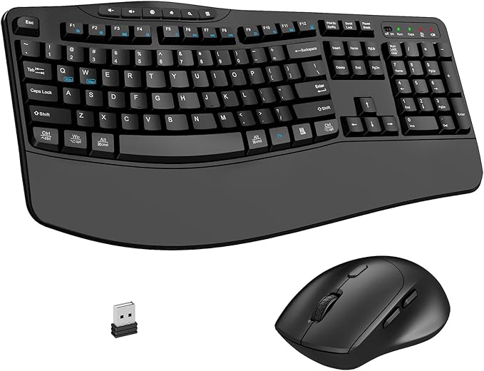 Wireless Keyboard and Mouse Combo, Ergonomic Keyboard with 6 Multimedia Keys, 2.4G Full Size Keyboard with Wrist Rest, 3-Level DPI Wireless Silent Mouse with 6-Buttons, for Windows (Dark Black)