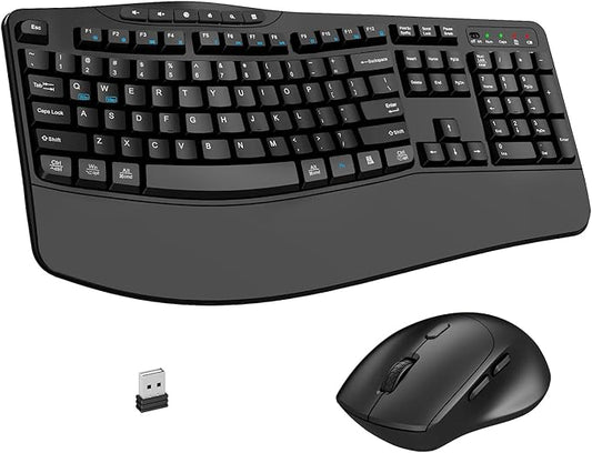 Wireless Keyboard and Mouse Combo, Ergonomic Keyboard with 6 Multimedia Keys, 2.4G Full Size Keyboard with Wrist Rest, 3-Level DPI Wireless Silent Mouse with 6-Buttons, for Windows (Dark Black)