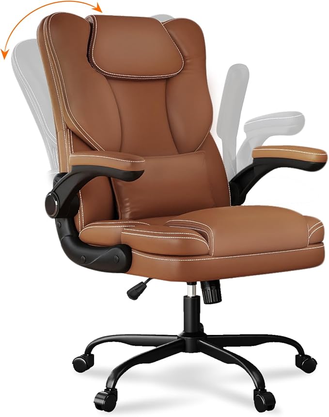 Ergonomic Office Chair with Flip-up Armrests, 300lbs Mid Back Computer Office Desk Chair with Lumbar Support, Executive Leather Chair with Rocking Function Adjustable Height for Home Office