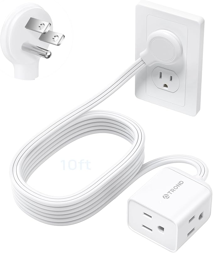 TROND Flat Extension Cord 10ft - Left Angled Flat Plug Power Strip, ETL Listed, 3 Plug Extension Outlets, Three Prong, SPT 16/3 Gauge, 13A, Compact for Tight Spaces Indoor Home Office Kitchen, White