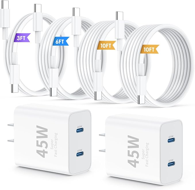 QZIIW iPhone 17 16 15 Pro Max Charger Fast Charging,45W Dual Port USB C Fast Charger Block [2-Pack] & Extra Long 60W 3/6/10/10FT USB C Cable - PD Quick Adapter 3.0 for iPhone 16 15 17/16 15 17 Pro.