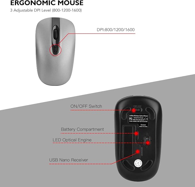 cimetech Wireless Keyboard and Mouse Combo, Compact Silent Ergonomic Scissor Switch Keyboard and Optical Mouse Set, 2.4G Lag-Free Cordless Keyboard Mice for Computer, Mac, Laptop, PC, Windows - Grey