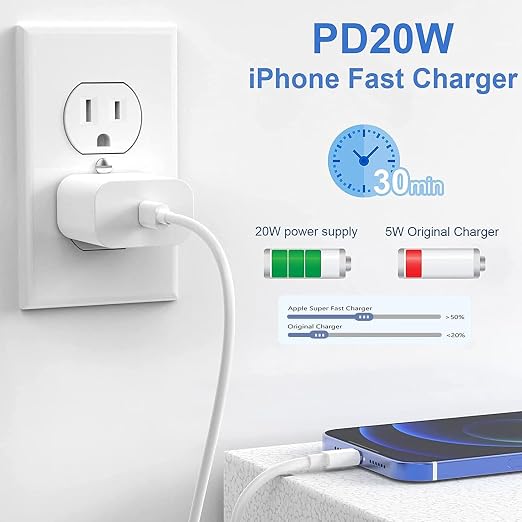 StinkLight iPhone 20W USB C Fast Charger with USB C to Lightning Cable & Compatible Cord for iPhone 14/13/12/11/XS/XR/X/iPad
